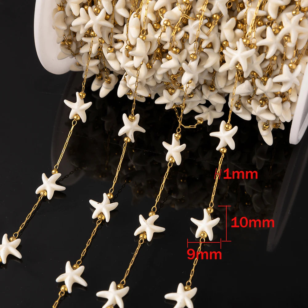 1M Gold Stainless Steels Beach White Natural Stone Starfish Charm Chain Boho Bracelet Neckalce Holiday Jewelry Making Component