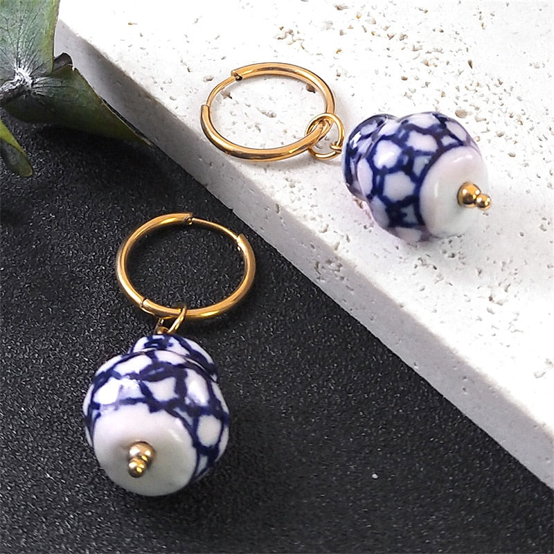 Handmade Chinese Style Blue And White Porcelain Dangle Earring Stainless Steel Ceramic Bead Female Drop Earrings Jewelry LS10S01 - Charlie Dolly