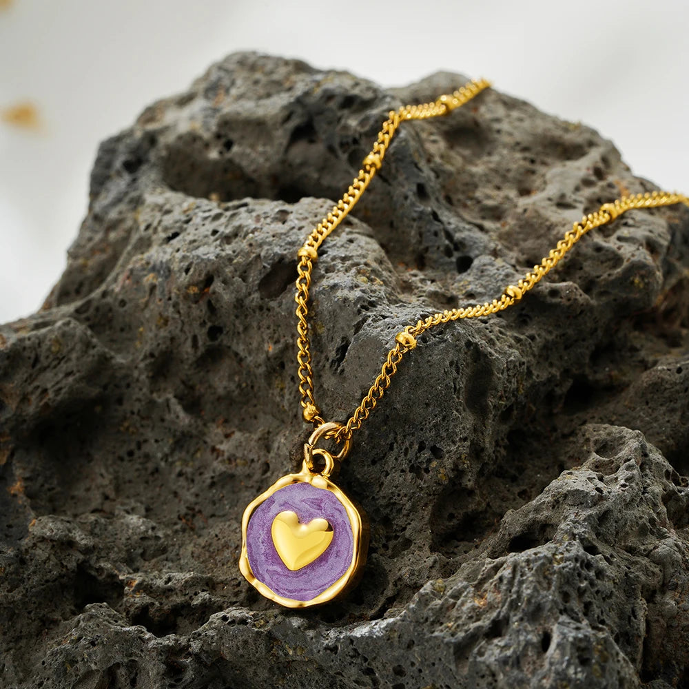 Punk Geometric Irregular Enamel Colorful Natural Stone Pendant Necklace for Women Stainless Steel Cross Heart Opal Choker Gifts