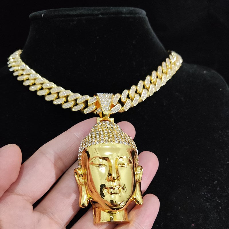 Men Women Hip Hop Buddha Pendant Necklace with 13mm Crystal Cuban Chain HipHop amulet Necklaces Fashion Charm Jewelry Best Gifts - Charlie Dolly