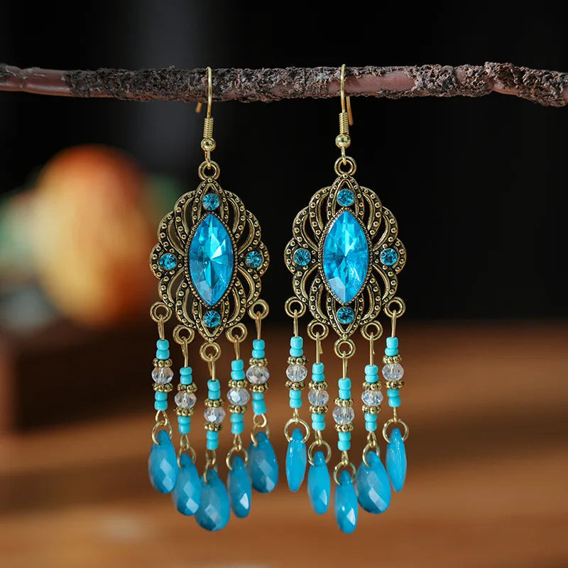 Vintage Bohemian Long Drop Dangle Earrings For Women Geometric Beads Handmade Tassel Crystal Ethnic Boho Wedding Earings Jewelry