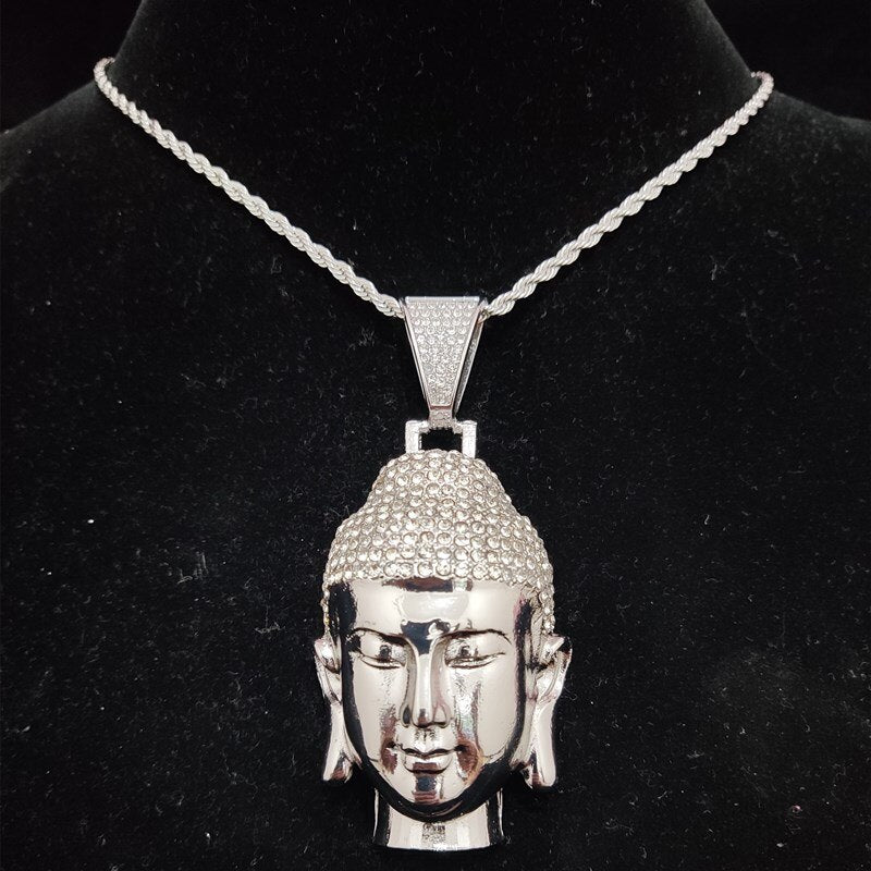 Men Women Hip Hop Buddha Pendant Necklace with 13mm Crystal Cuban Chain HipHop amulet Necklaces Fashion Charm Jewelry Best Gifts - Charlie Dolly