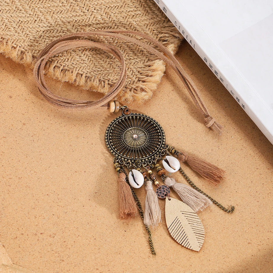 Wood Flower Bead Leaf Tassel Long Necklace Jewelry