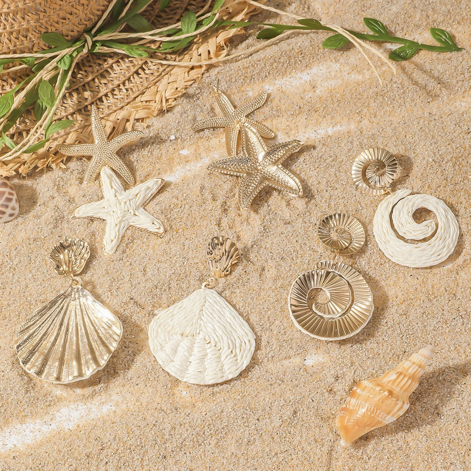 Ocean Rattan Raffia Shell and Starfish Drop Earrings
