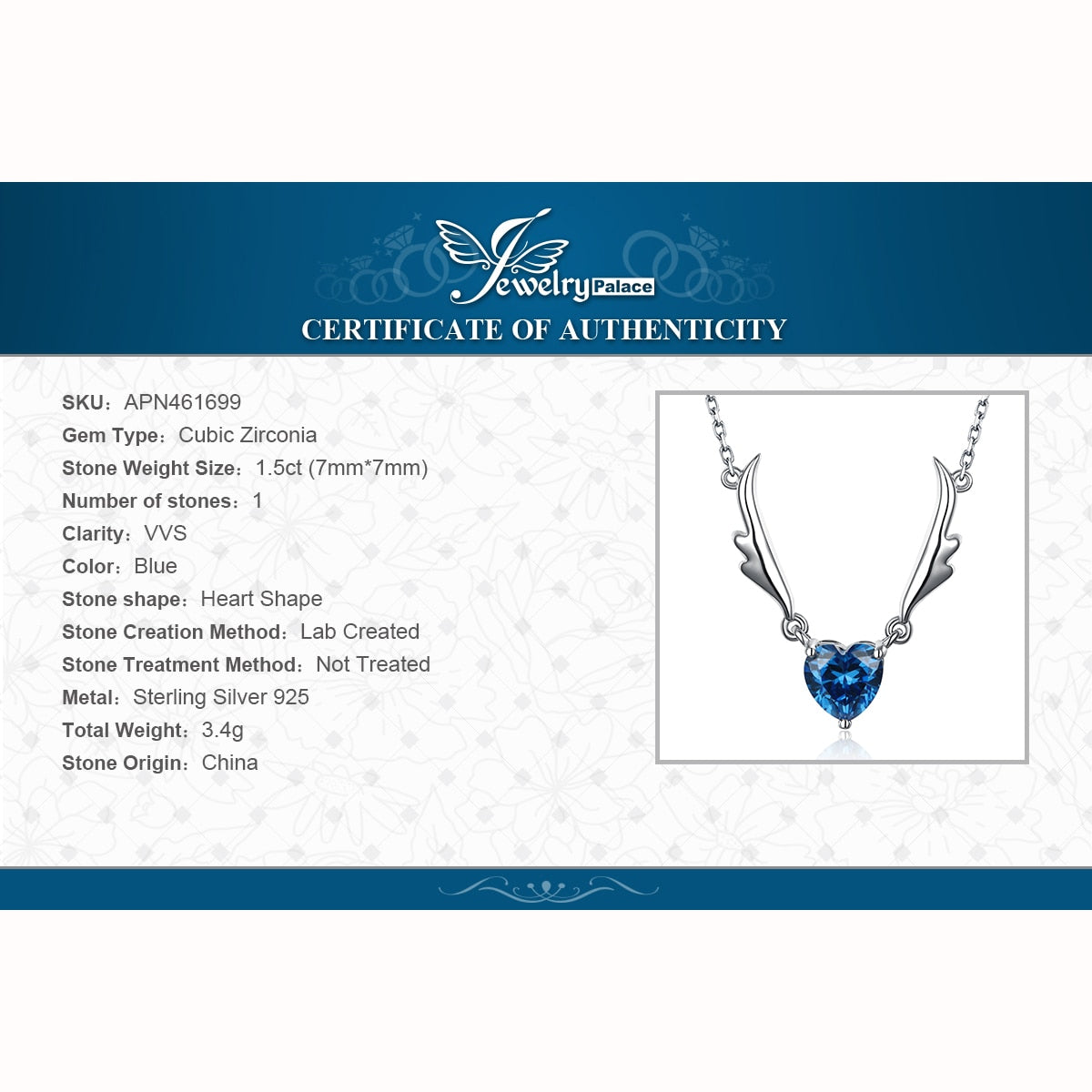 JewelryPalace New Arrival Angel Wing 1.5ct Love Heart Blue Gemstone 925 Sterling Silver Pendant Necklace for Woman Fashion 45cm - Charlie Dolly