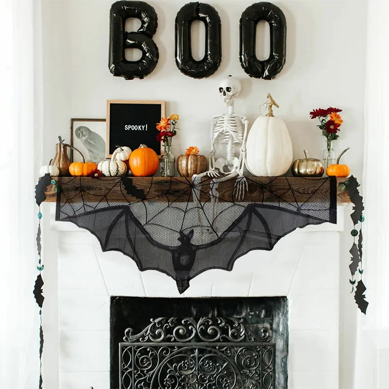 Halloween Bat Table Runner Black Spider Web Lace Tablecloth Fireplace Curtain for Halloween Party Home Decoration Horror Props - Charlie Dolly
