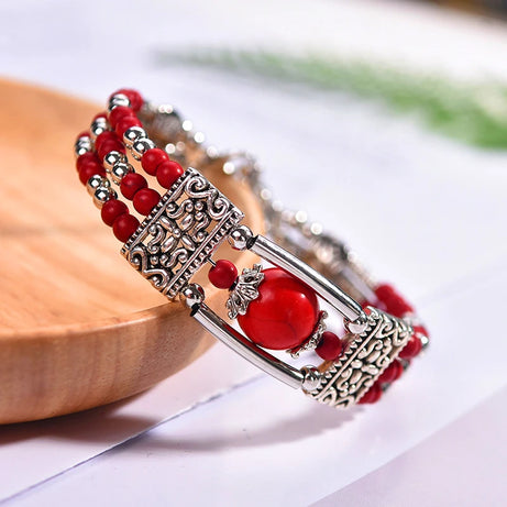 Vintage Bohemian Natural Stone Bracelet For Women Handmade Jewelry Blue Round Beads Carved Boho Bracelets Bangles Femme Pulseras - Charlie Dolly