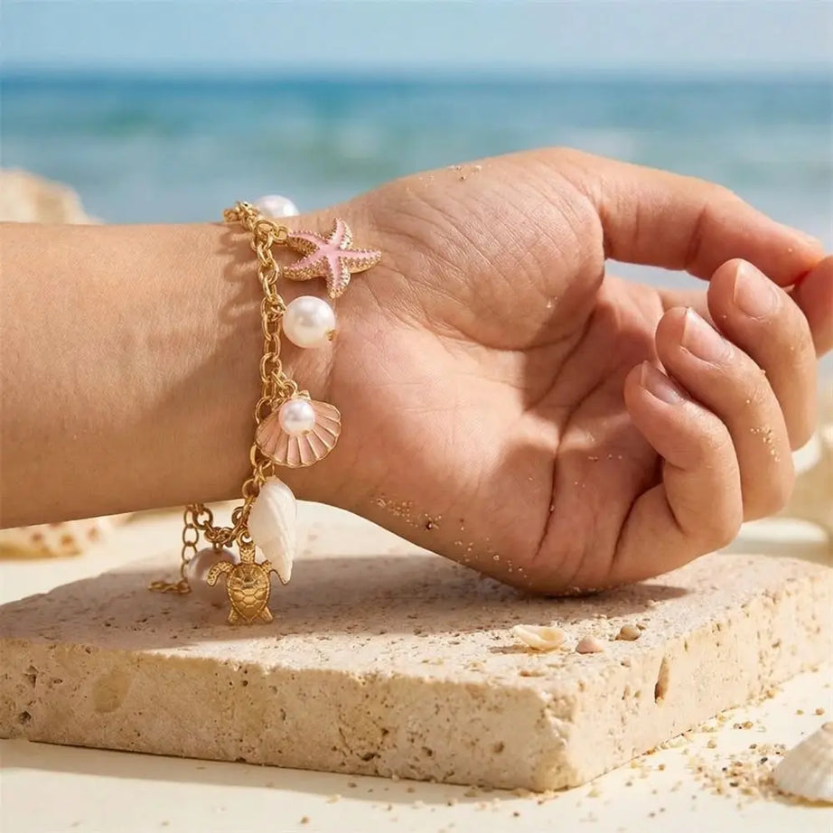 Pearl, Shell and Starfish Gold Tassel Boho Bracelet