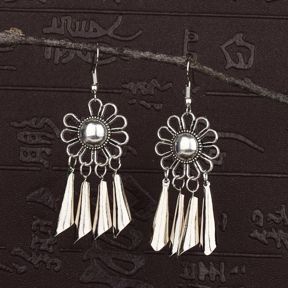 Silver Hollow Round Leaf Tassel Jhumki Earrings Jewelry