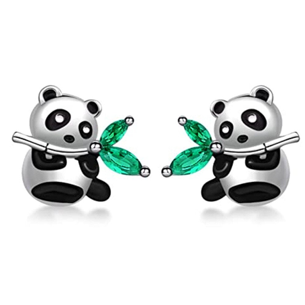 Cute Panda Bamboo Green Crystal Stud Earrings Fashion Women's Animal Earrings Exquisite Birthday Party Jewelry Lovely Girls Gift - Charlie Dolly