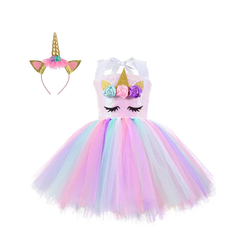 Princess Girls Unicorn Tutu Dress Outfits Pastel Flower Baby Girl Birthday Party Dresses Tulle Kids Halloween Cosplay Costumes - Charlie Dolly