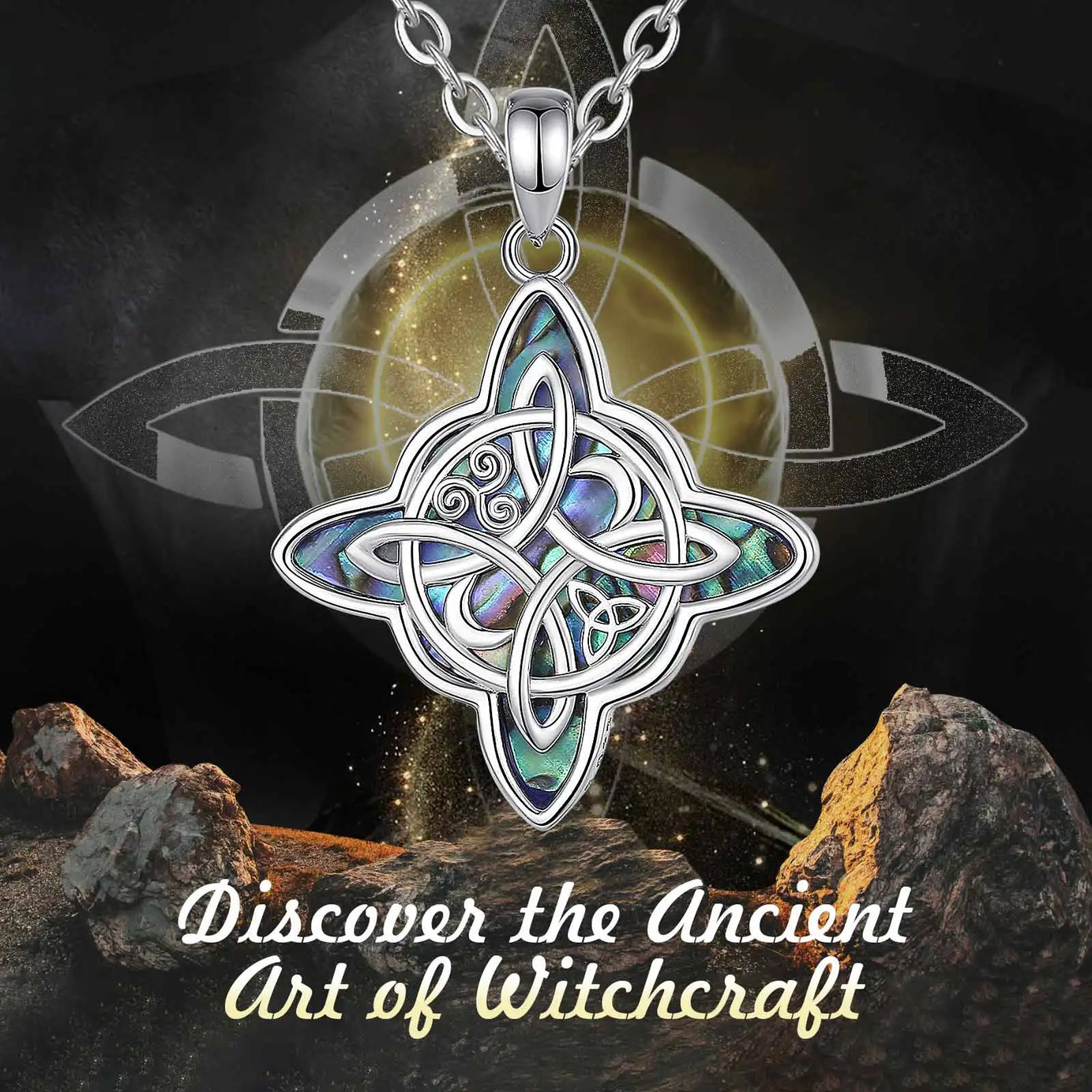Witch Knot Amulet Necklace with Natural Abalone, S925 Sterling Silver