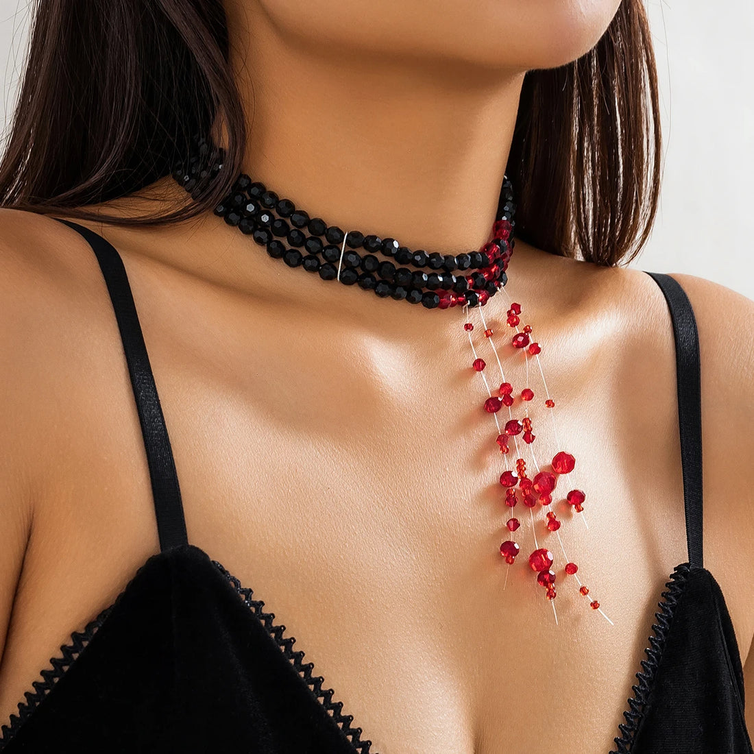 Salircon Gothic Multi layered Black Crystal Bead Choker Fashion Red Bead Tassel Pendant Necklace Women Halloween Cosplay Jewelry - Charlie Dolly