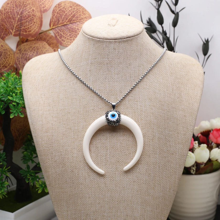 Natural Stone Horn Necklace Reiki Heal Turquoise Rhinestone Crescent Moon Pendant Stainless Steel Chain Boho Necklaces Jewelry - Charlie Dolly