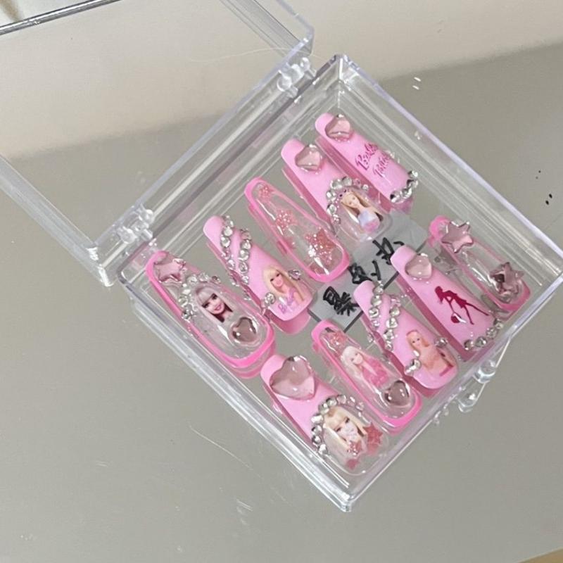 Kawaii Barbie Handmade Nails Patch Stickers Anime Y2K Cartoon Long Coffin Stiletto Wearable Fake Nails Art Manicure Jewelry Gift - Charlie Dolly