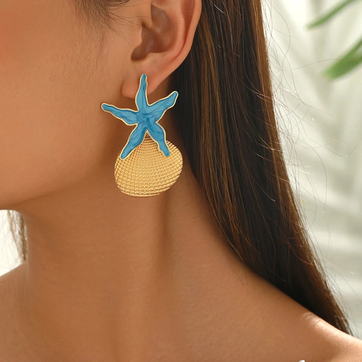 Summer Beach Irregular Enamel Starfish Shell Drop Earrings Boho Gold Tone Jewelry for Women