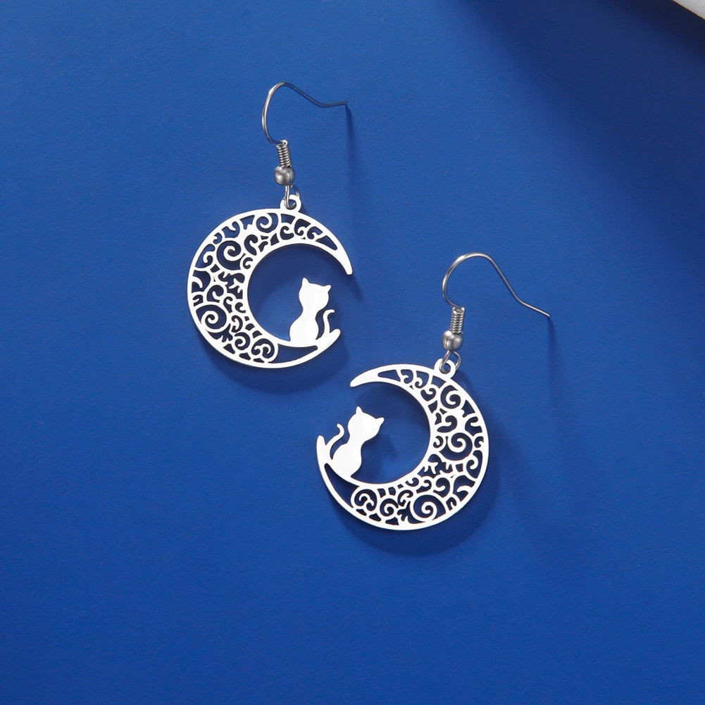 Lucktune Crescent Moon Cat Drop Earrings Stainless Steel Cute Kitten Animal Earrings for Women 2023 Goth Jewelry Birthday Gift - Charlie Dolly