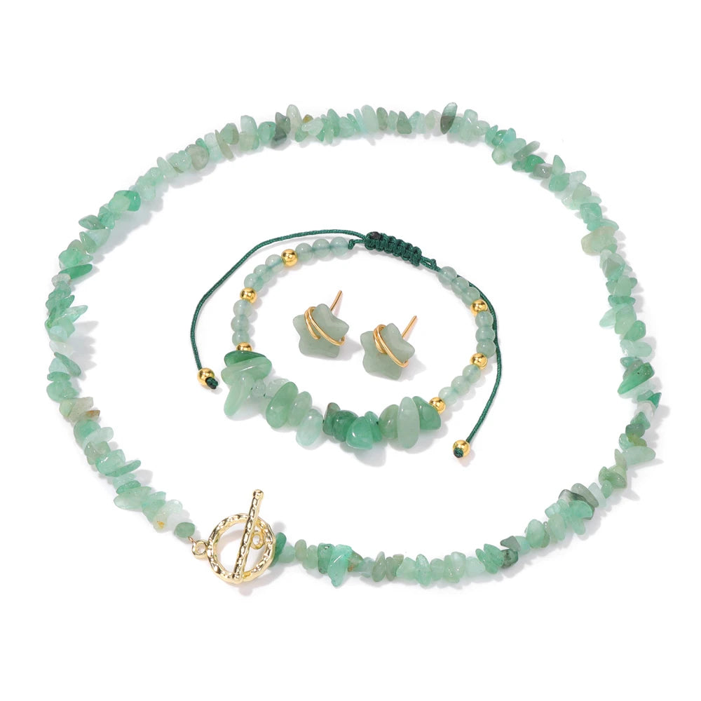 Natural Stone Lapis Lazuli Jewelry Set Quartzs Chip Beads Necklace Braided Bracelets For Women Star Shape Ear Studs Earrings
