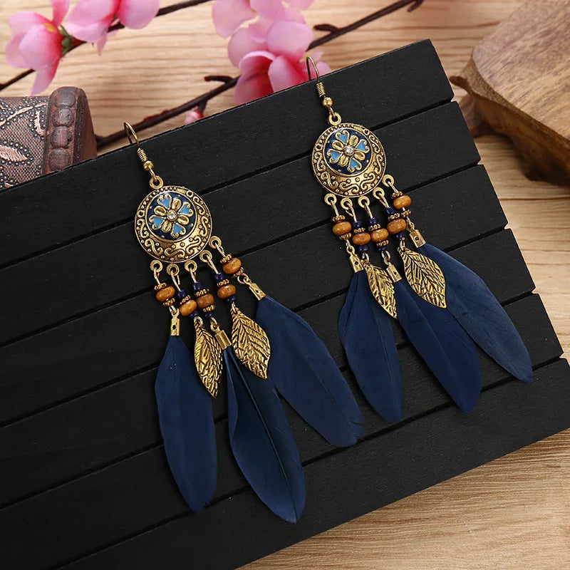 Bohemian Vintage Jewelry For Women Trendy Carved Leaf Feather Tassel Long Earrings Boho Flower Beads Handmade Wedding Earrings