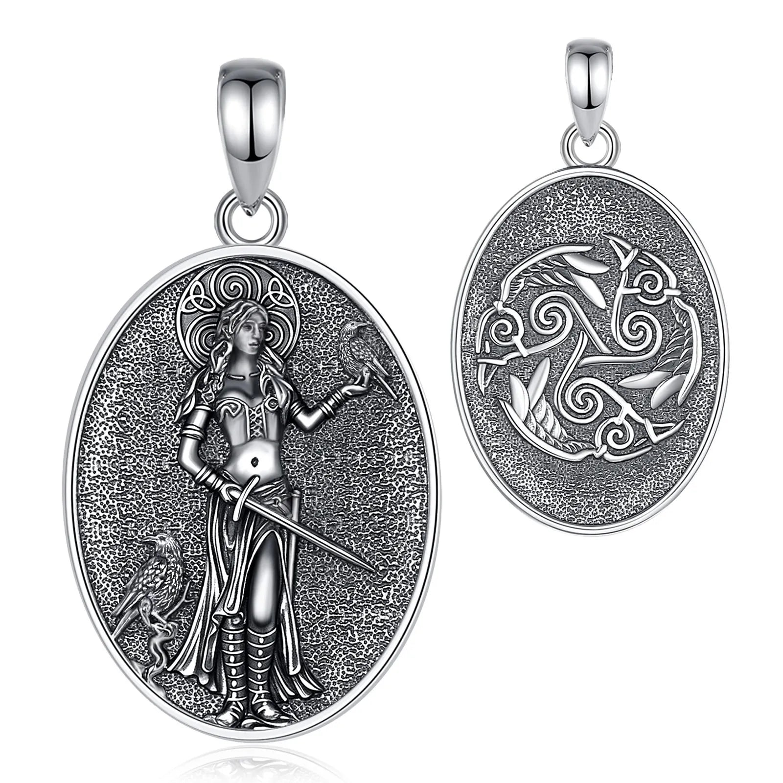 AEONSLOVE 925 Sterling Silver Morrigan Goddess Necklace Viking Raven Triple Spiral Pendant Pagan Wicca Jewelry for Women Men