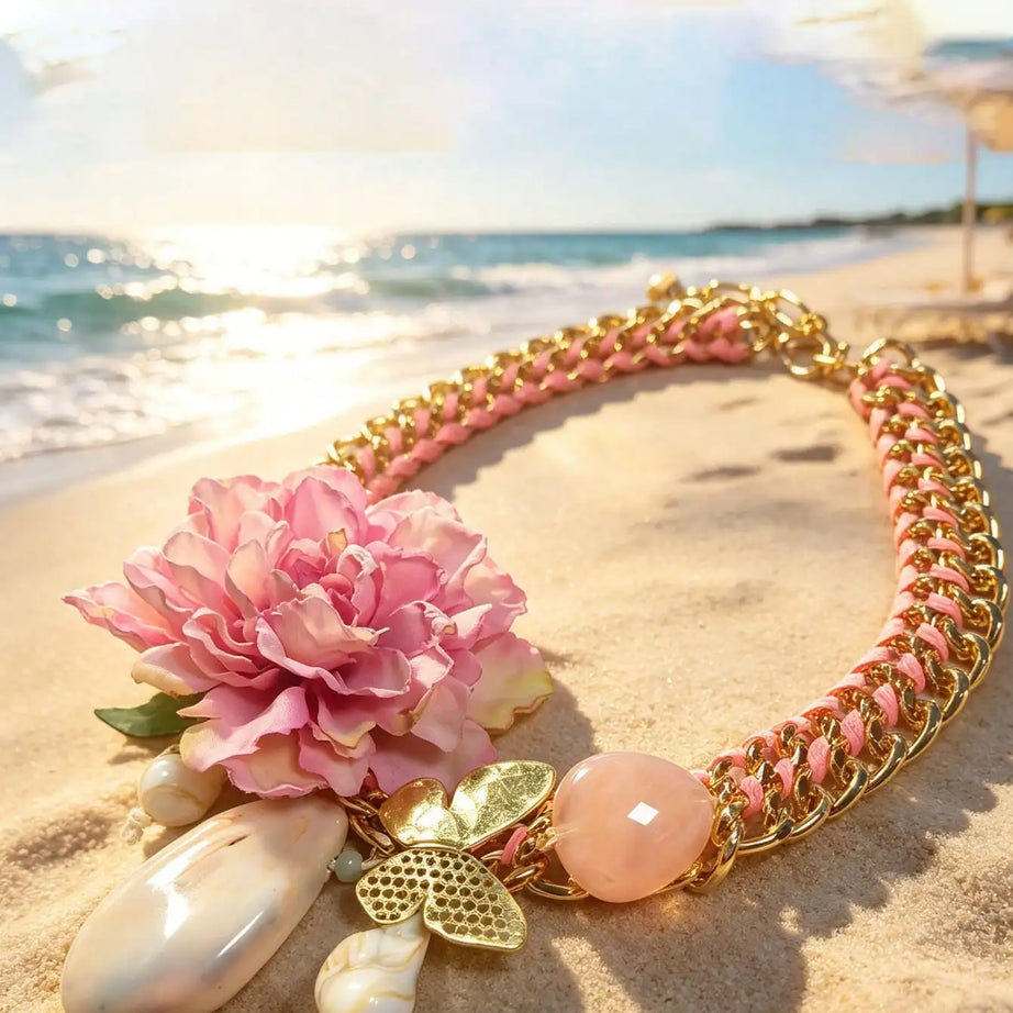 Pink Floral Shell Choker and Earring Set