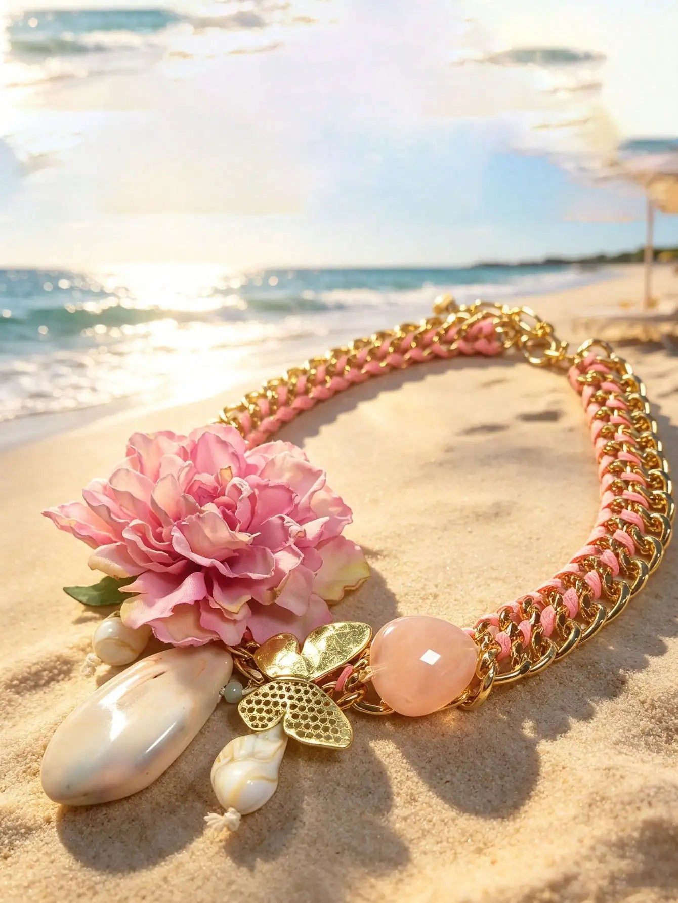 Summer Beach Vacation Floral Choker Necklace Pink Gold Chain with Flower Shell Accents Boho Statement Jewelry for Women