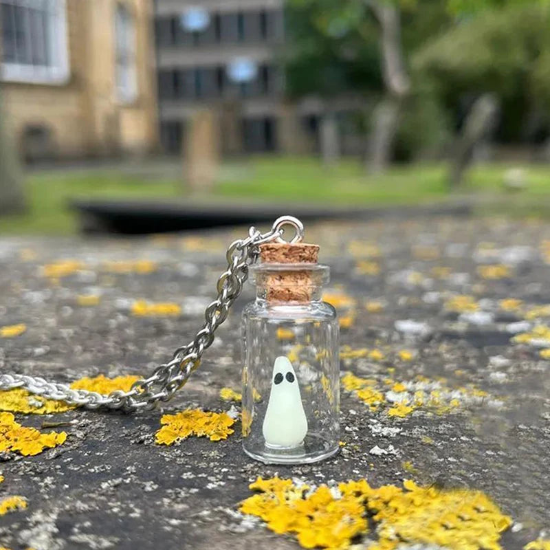 Ghost Necklace,The Adopt A Ghost Necklace,Glow-In-The-Dark Halloween Necklace,Tiny Ghost In A Bottle Pendant Necklace - Charlie Dolly