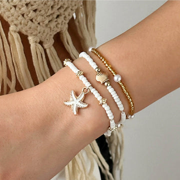 Boho Beach Pendant Necklace Gold Color Shell Starfish Pearl Necklace Bracelet Set for Women's Charm Jewelry Party Gift