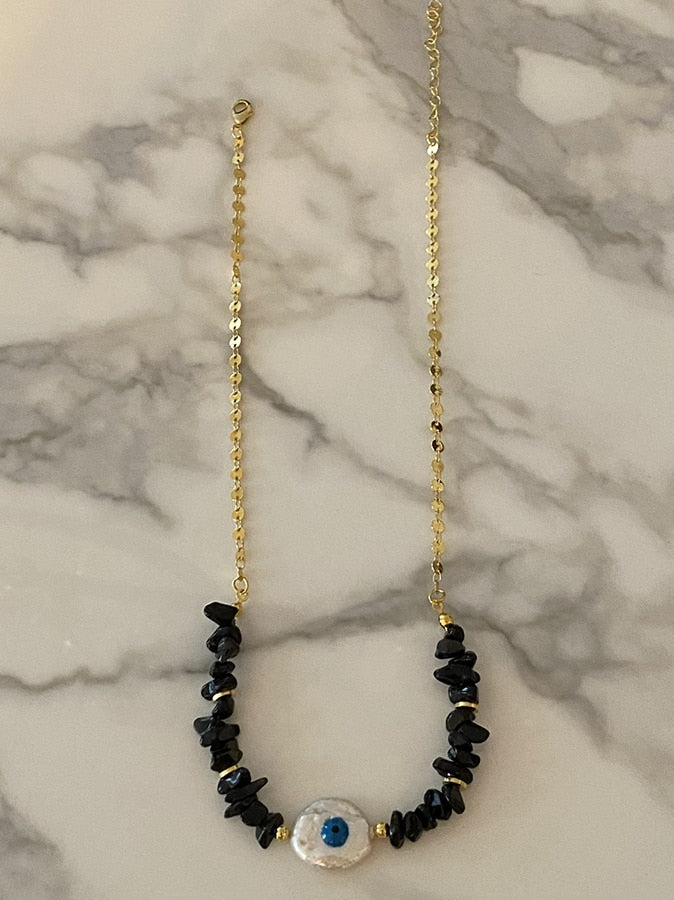 Fashion Classic White Rice Beads White Shell Stone Short Necklace Retro Charm Moon Eyes Pendant Jewelry Christmas Halloween Gift - Charlie Dolly