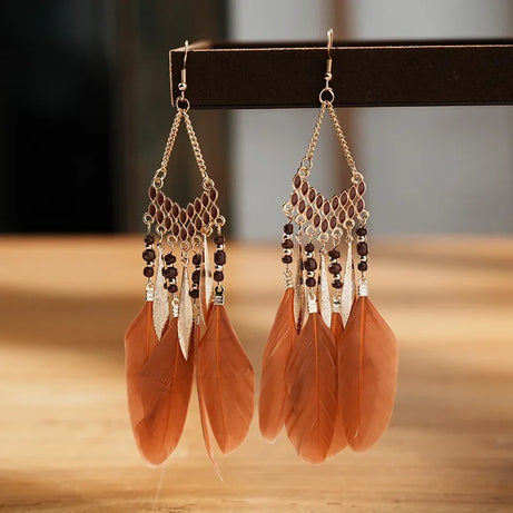 Feather Colorful Bead Long Tassel Earrings Jewelry
