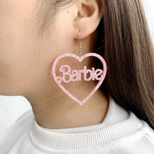 Kawaii Barbie Spring Print Letter Heart Hollow Acrylic Pink Glitter Earrings Accessories Jewelry Fashion Versatile Girls Gift - Charlie Dolly