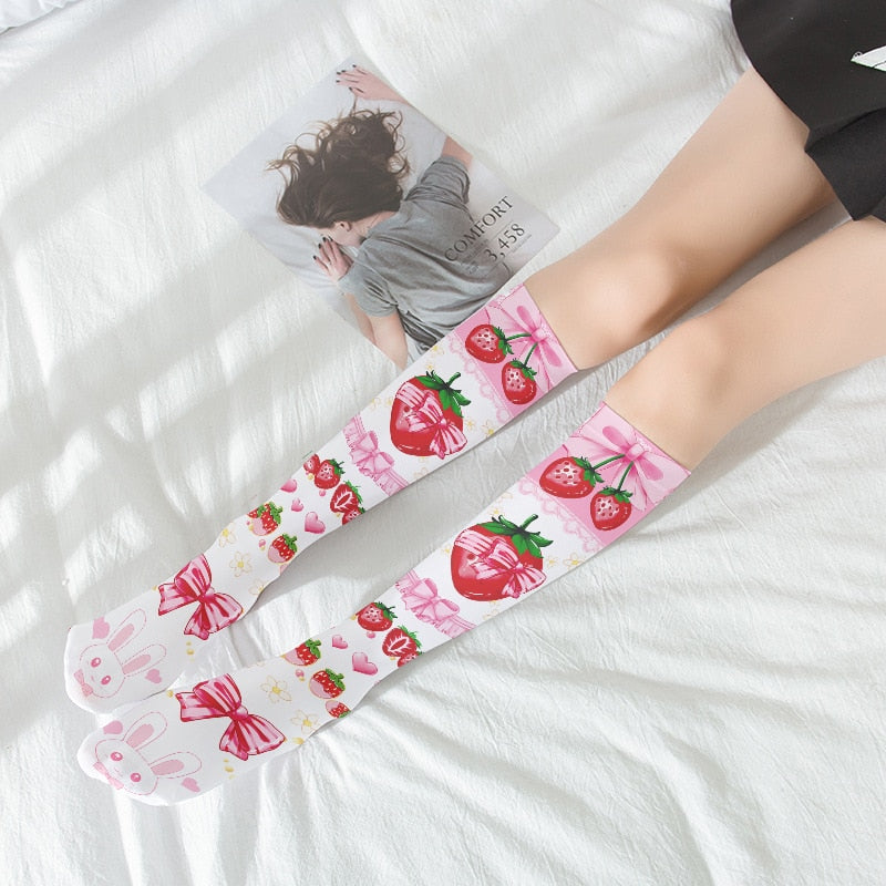 Women Sexy Thigh High Stockings Autumn 3D Printing Red Strawberry Pink Sweet Kawaii Over Knee Stocking Cosplay Quadratic Element - Charlie Dolly