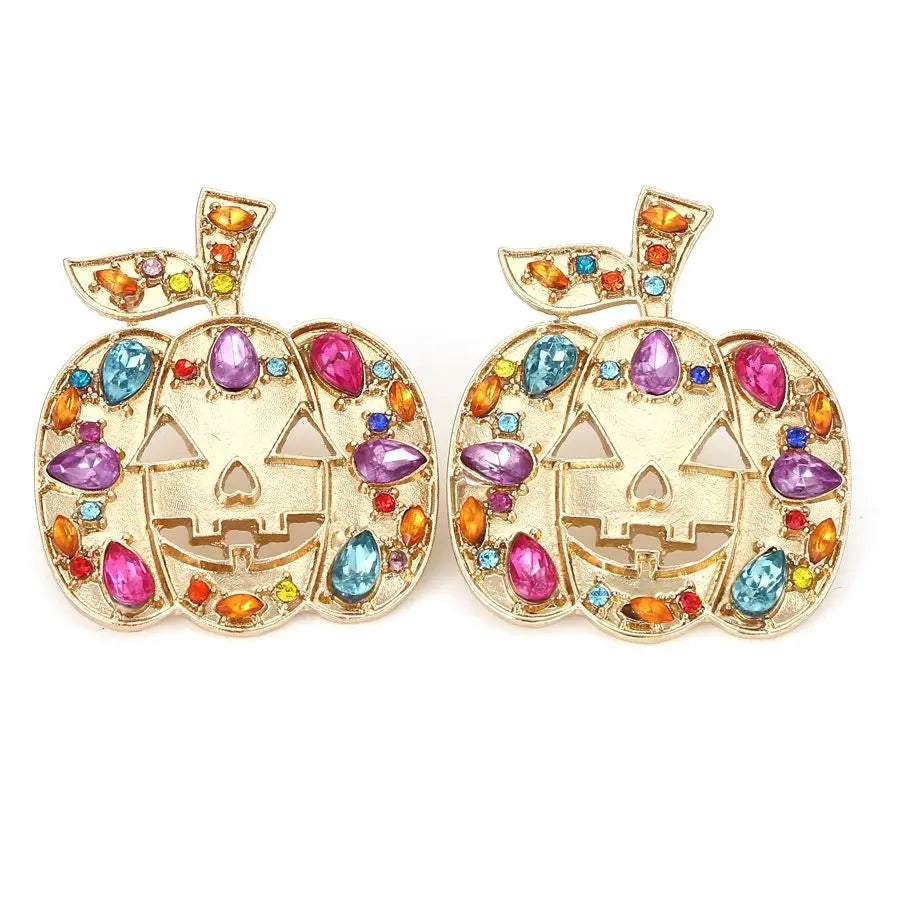 Exaggerated Colored Rhinestone Pumpkin Earrings Personality Creativity Retro Halloween Female Earrings - Charlie Dolly