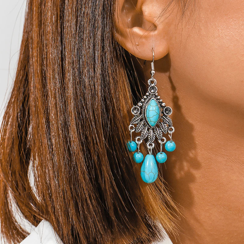 Boho Vintage Turquoise Water Drop Stud Earrings for Women Star Heart Flower Tribe Earring Statement Valentine Day Gift Jewelry