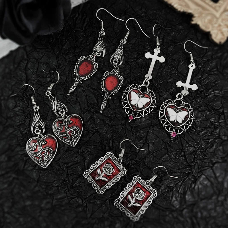 Dark Gothic Lolita Vintage Drop Earrings For Women Bat Butterfly Rose Heart Earring Punk Goth Halloween Masquerade Jewelry