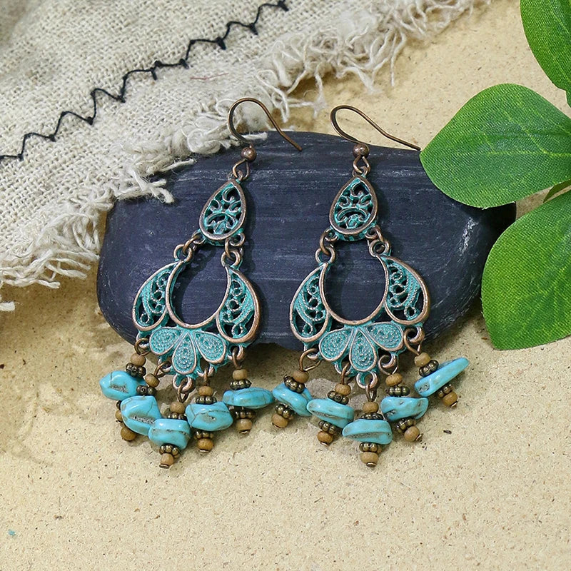Vintage Boho Blue Stone Beaded Drop Earrings For Women Tassel Ethnic Geometric Flower Leaf Long Dangle Earrings Trendy Jewelry