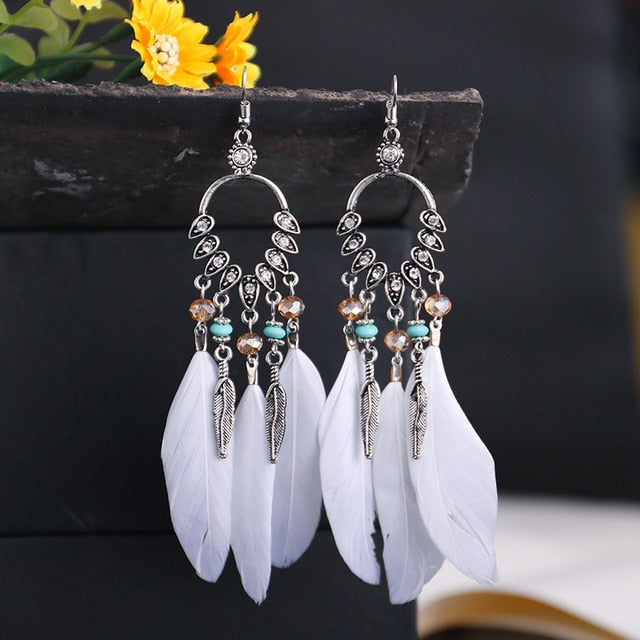 Fashion Earrings Bohemian Ethnic Style Leaf Earrings Jewelry Retro Long Tassel Colorful Feather Earrings Jewelry Gift - Charlie Dolly