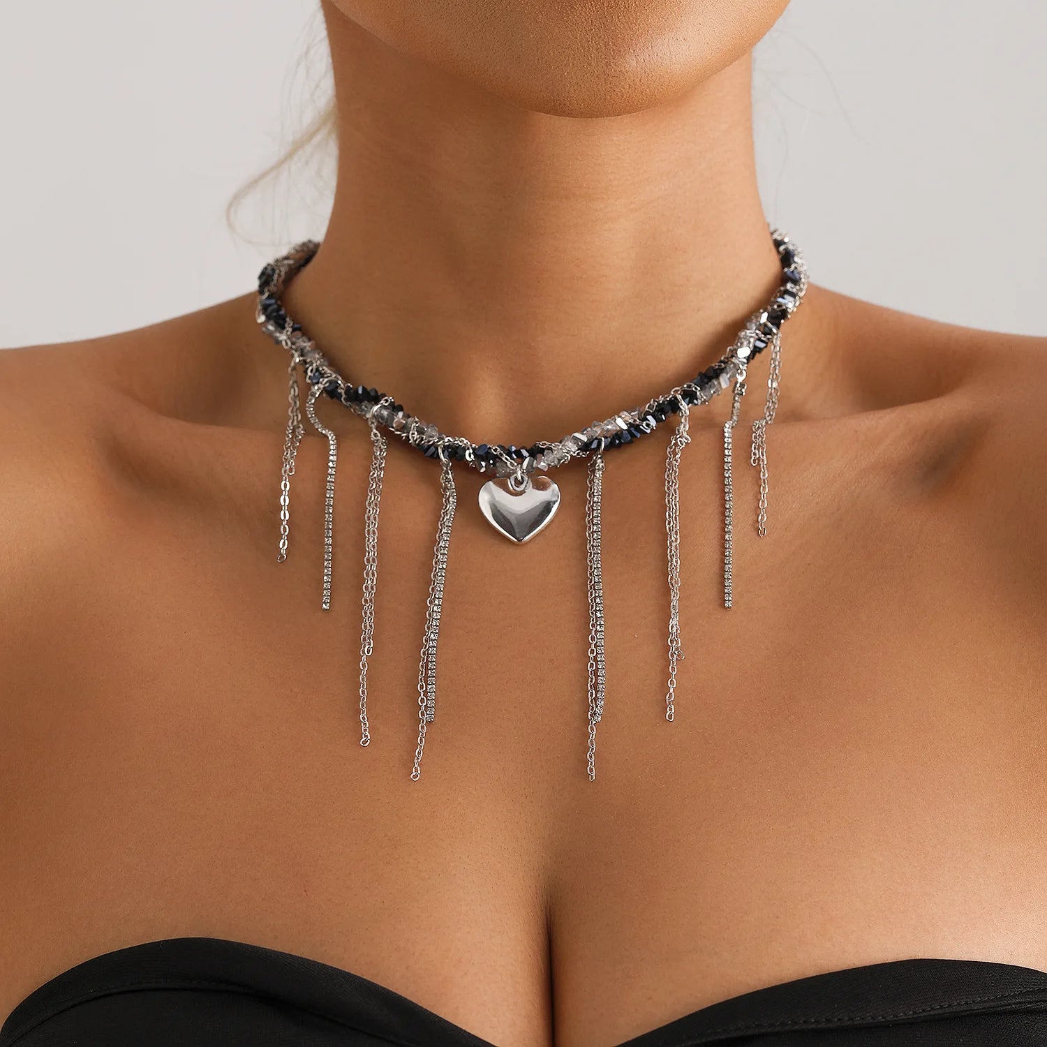 Cross Pendant Crystal Bead Choker Necklace Jewelry