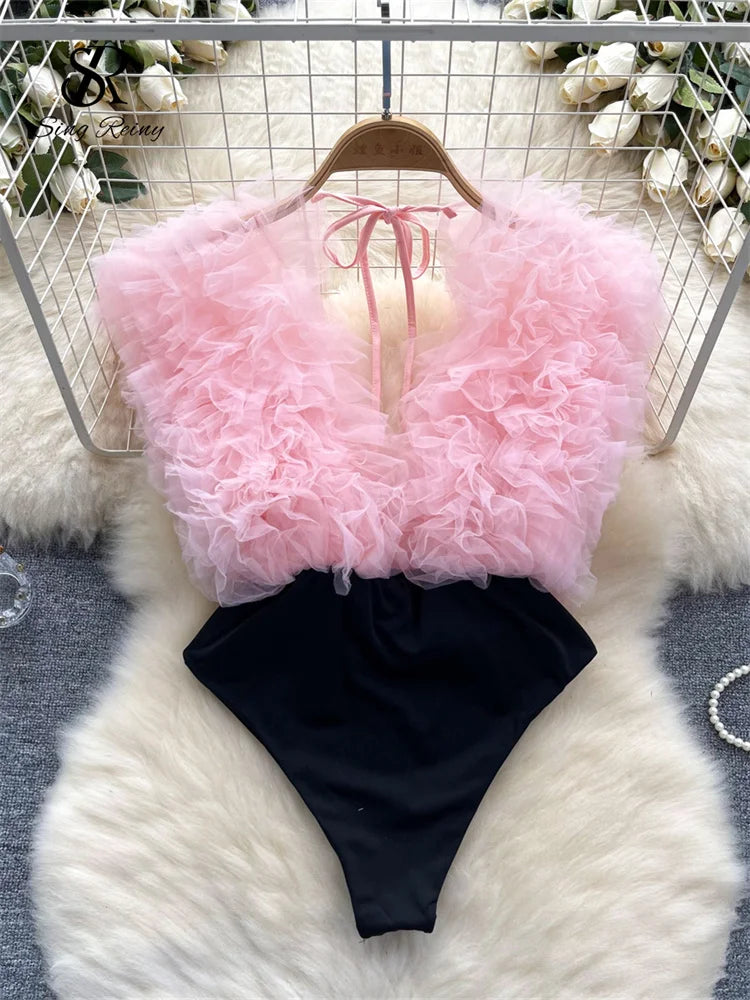 SINGREINY Sexy 3D Flowers Spliced Sheath Bodysuits Club Lace Up V Neck Playsuits Fashion Streetwear Backless Sensual Rompers - Charlie Dolly