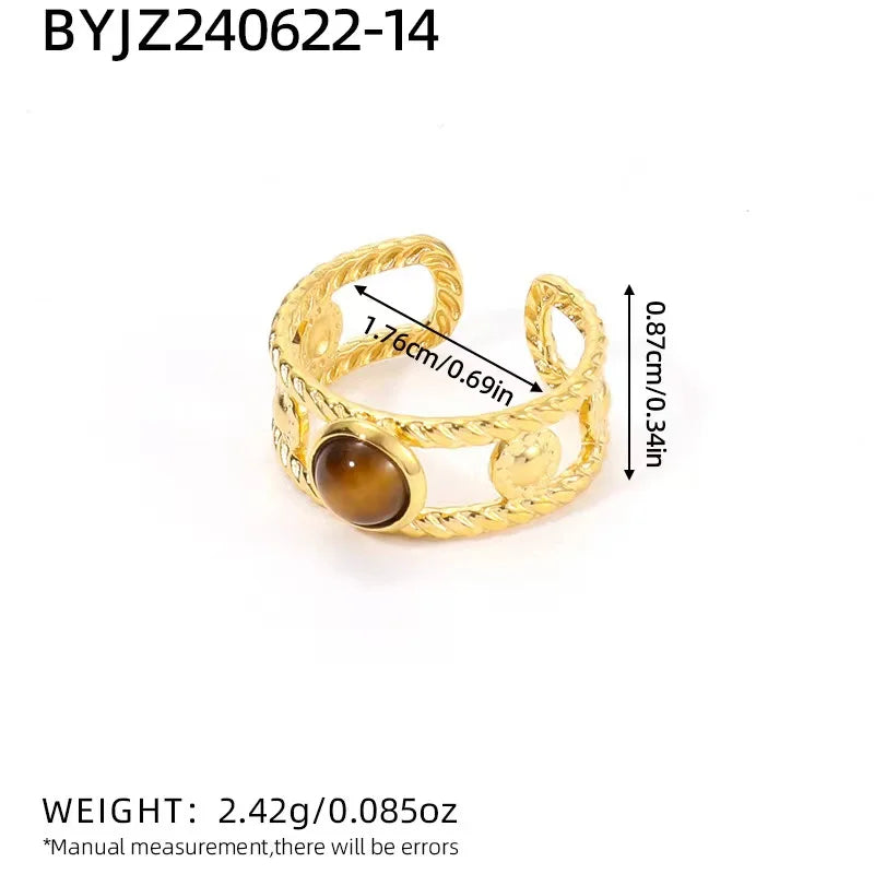 Creative Gold Plated Stainless Steel Rings for Women Simple Geometric Round Natural Stone Finger Ring Boho Vintage Jewelry Gift