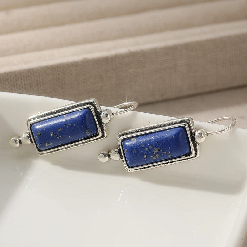 Ethnic Silver Color Imitation Lapis Lazuli Dangle Women's Earrings Square Daily Wear