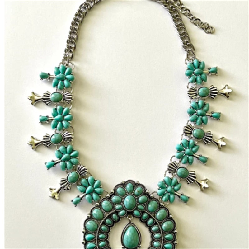 Squash Blossom Turquoise Bib Necklace Southwestern Jewelry Boho Envious Green Howlite Stone Tribal Statement Necklace Cowgirl - Charlie Dolly