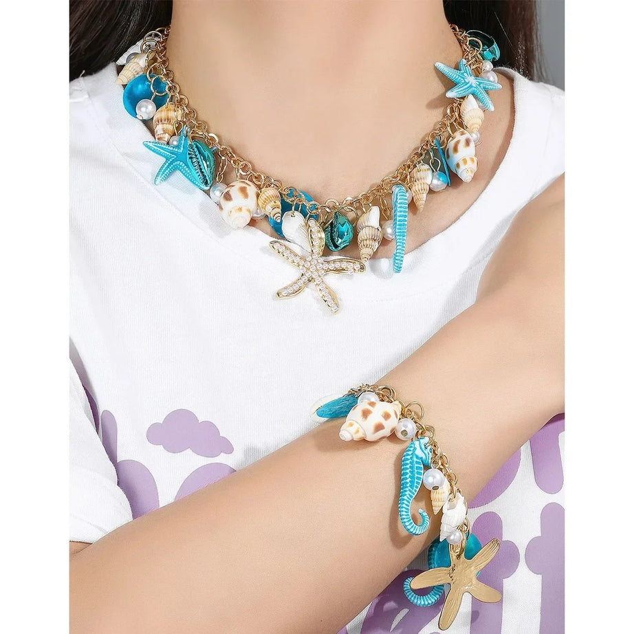 Bohemian Conch, Starfish and Shell Beaded Bangle Bracelet