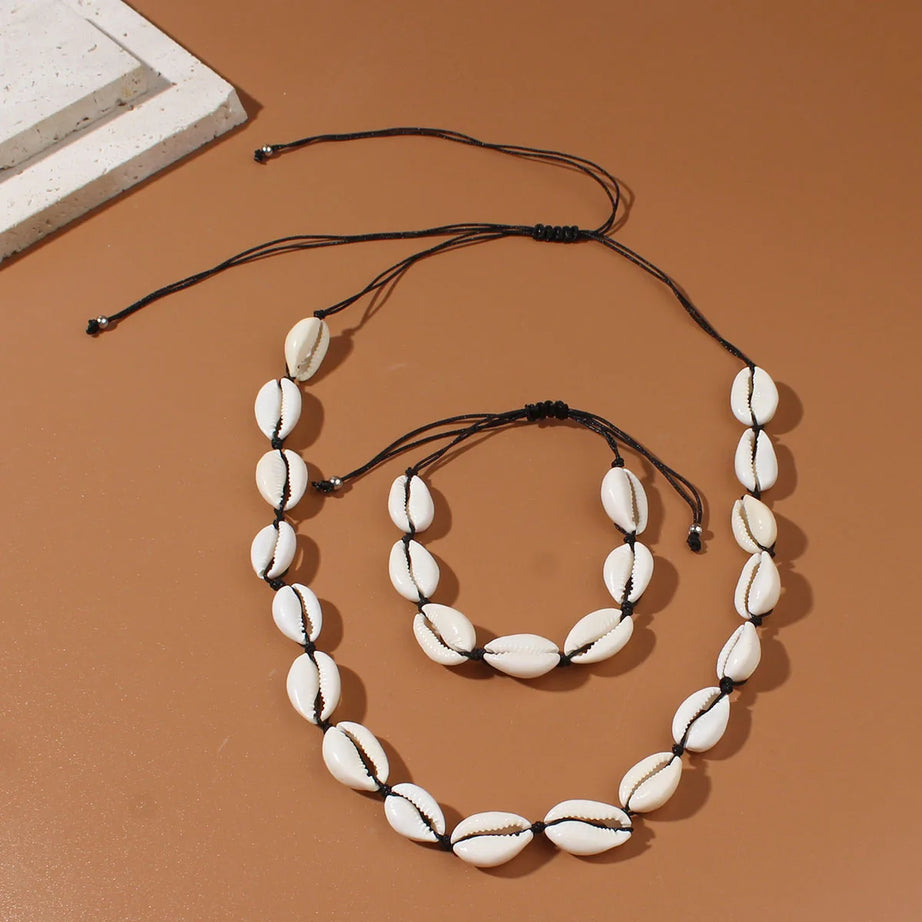 Handmade Braided Shell Necklace and Bracelet Boho Set
