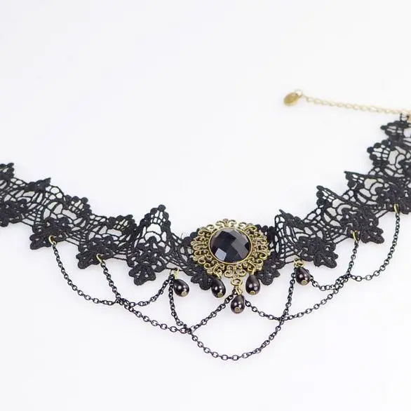 NEW Gothic Victorian Black Water Drop Pendant Lace Necklace Women Girl Tassel Steampunk Style Halloween Jewelry Earings for Girl - Charlie Dolly