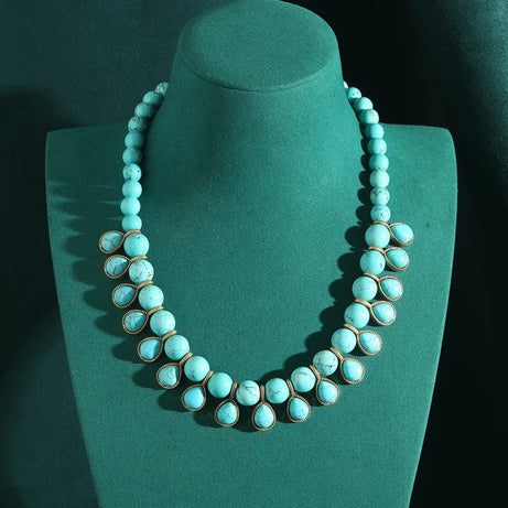 Bohemia Blue Natural Stone Water Drop Beads Chain Choker Necklace Vintage Jewelry for Woman Retro New in Boho Luxury Accessories - Charlie Dolly