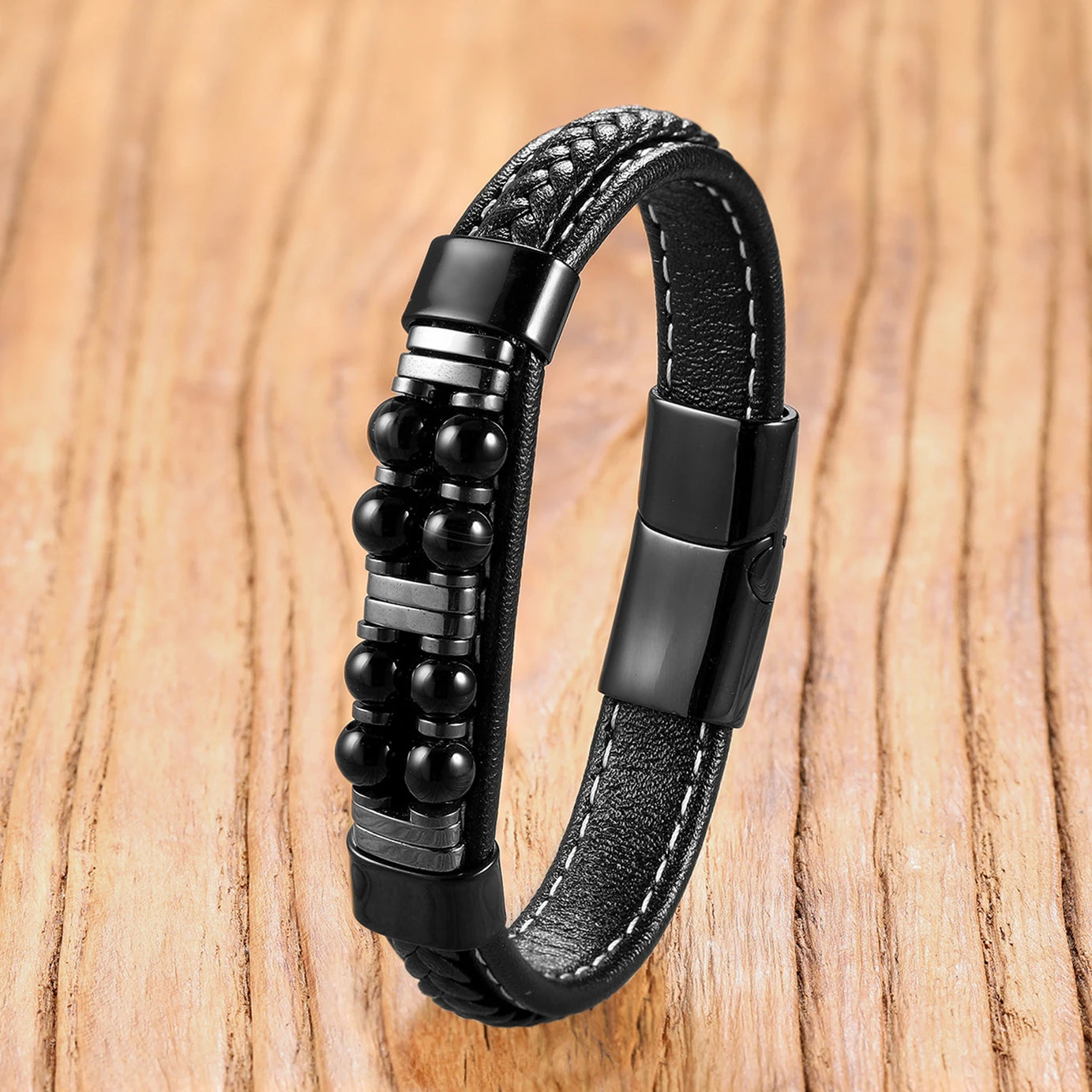 13 Styles Natural Stone Bead Bracelets, Handmade Leather Cord Jewelry with Stainless Steel Clasp, Boho Gift for Women Man - Charlie Dolly