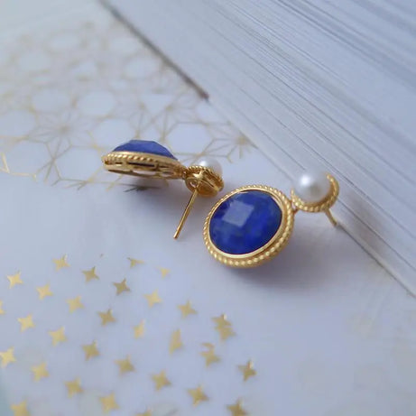 Vintage Style Exquisite Pearl Round Lapis Lazuli Earrings for Women Silver Inlaid Classic Blue Stud Earings Jewelry Gift - Charlie Dolly