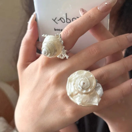 Natural Sea Snail Shell Wire Wrapped Pearl Boho Ring
