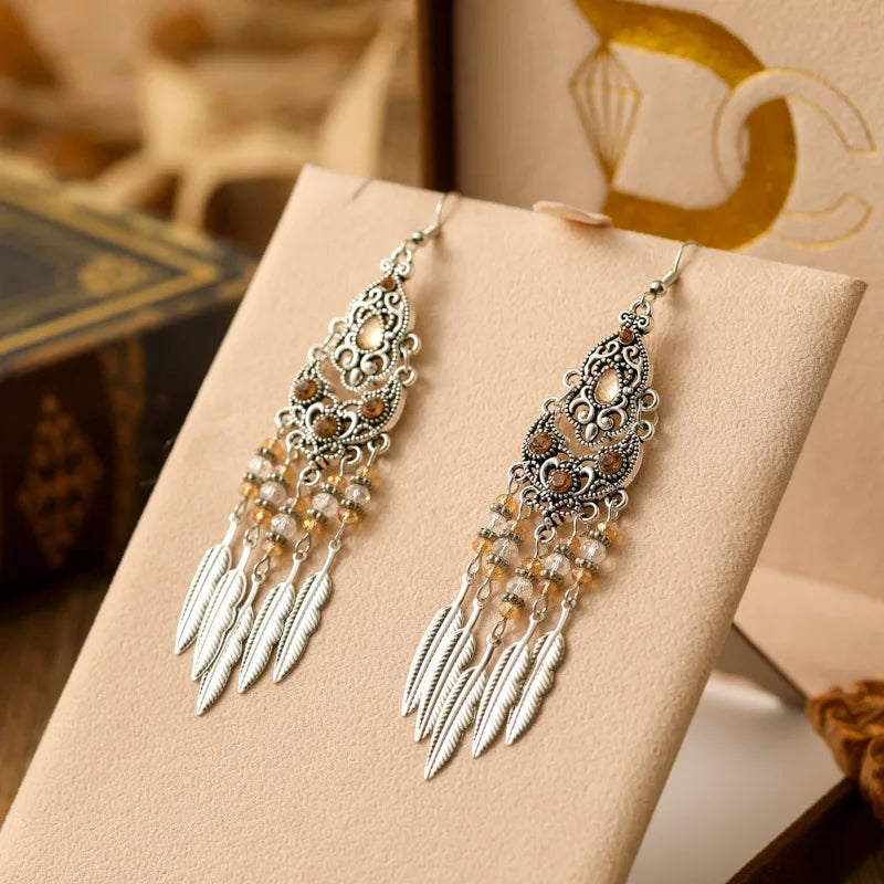 Boho Vintage Leaf Tassel Earrings For Women Geometric Crystal Rhinestone Beads Handmade Beach Vacation Drop Dangle Jewelry Gift